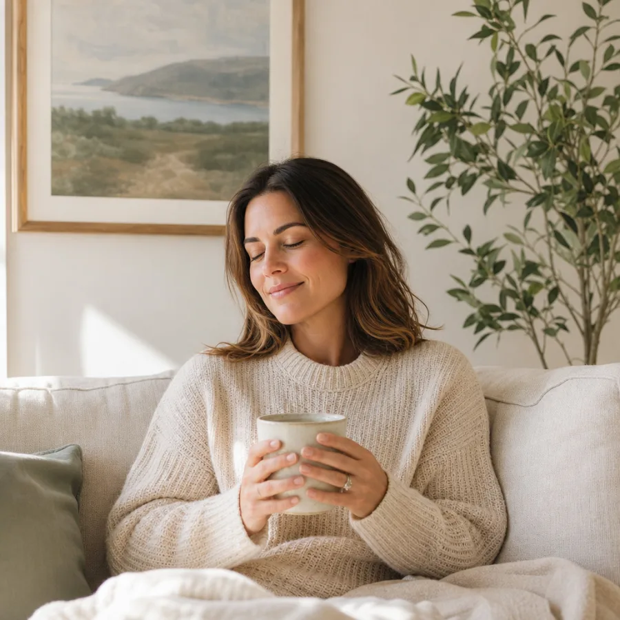 A person sitting calmly at home with a warm drink